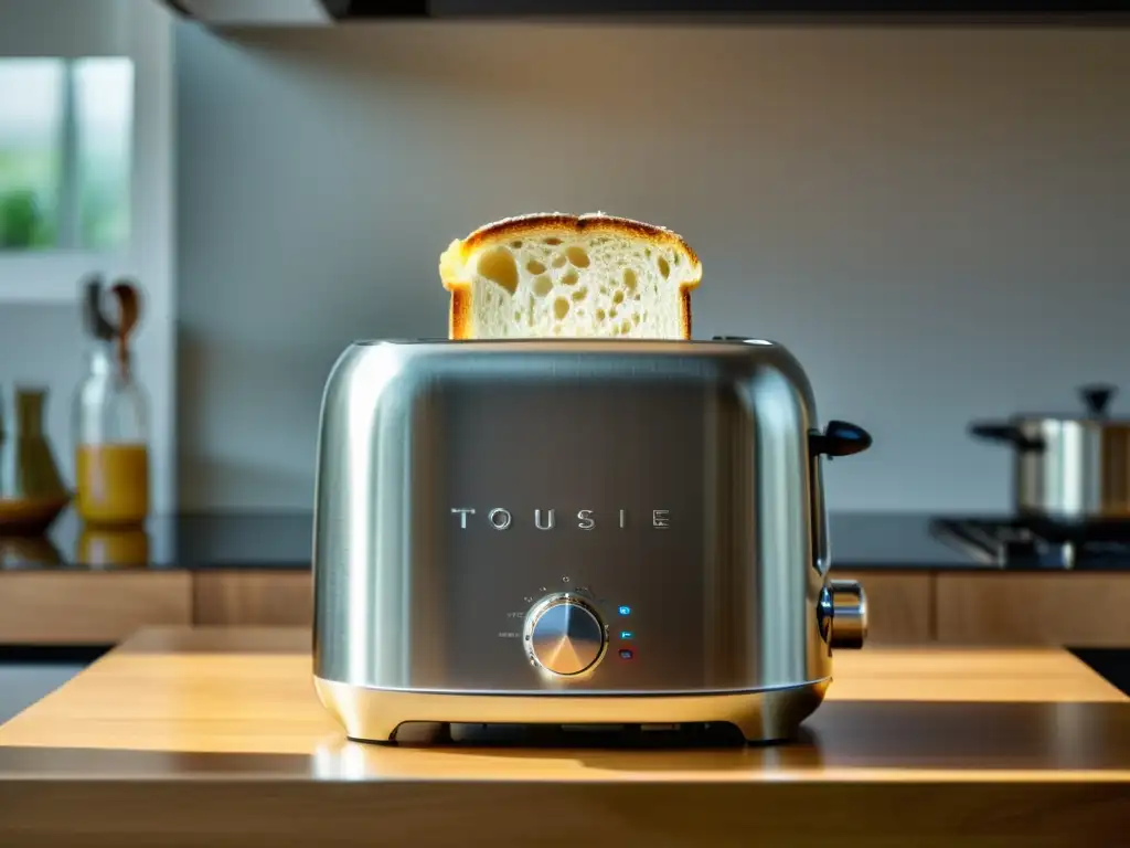 Tostadora moderna de diseño: detalle en 8k de tostado perfecto Una tostadora moderna muestra el proceso de tostado de un delicioso pan integral dorado, en una cocina minimalista con iluminación suave