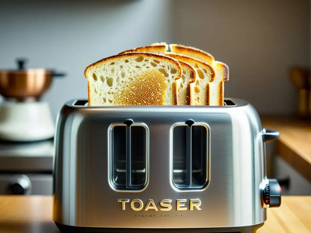 Toast dorado en tostadora moderna Una tostadora moderna muestra rebanadas de pan integral dorado, en una cocina contemporánea llena de luz natural