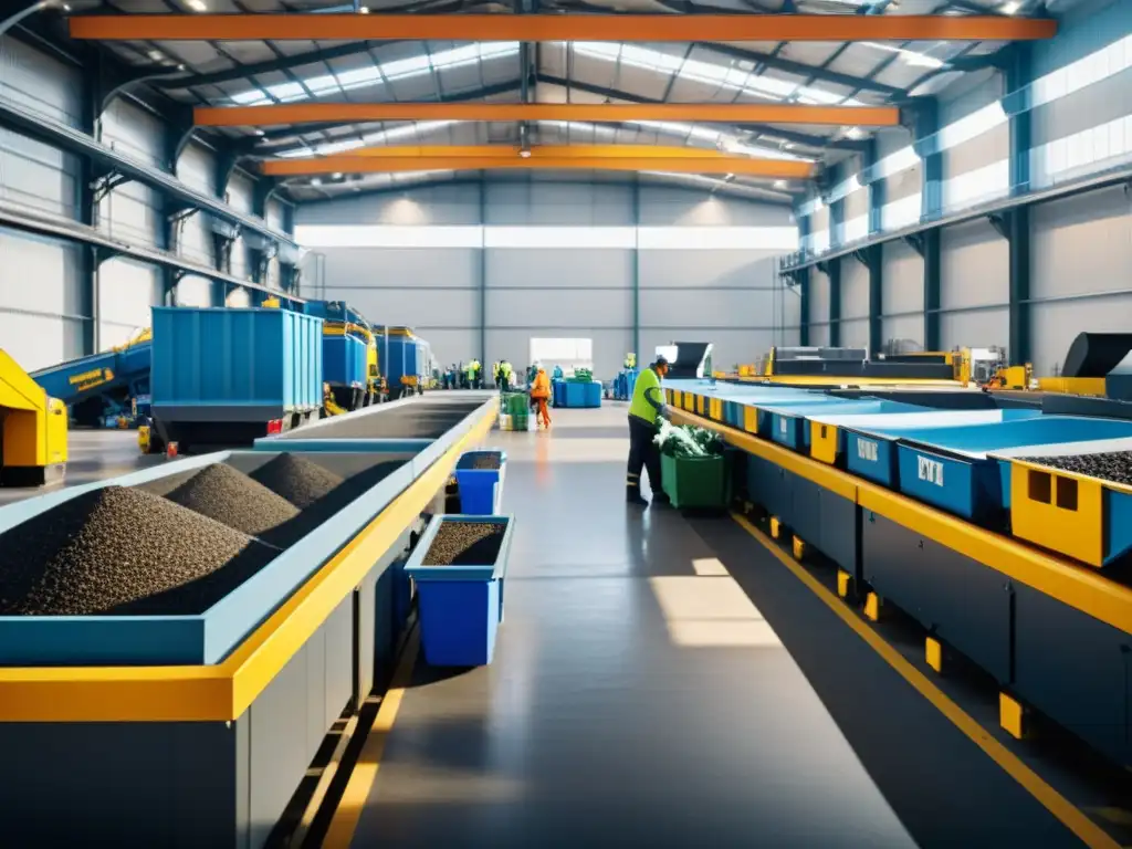 Reciclaje moderno: tecnología y sostenibilidad en acción Trabajadores y maquinaria moderna reciclan electrodomésticos en una planta futurista
