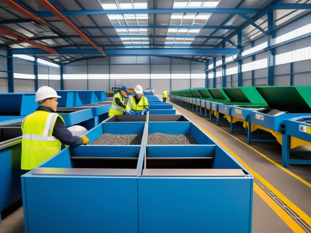 Trabajadores en moderna planta de reciclaje de electrodomésticos, cumpliendo leyes y regulaciones ambientales