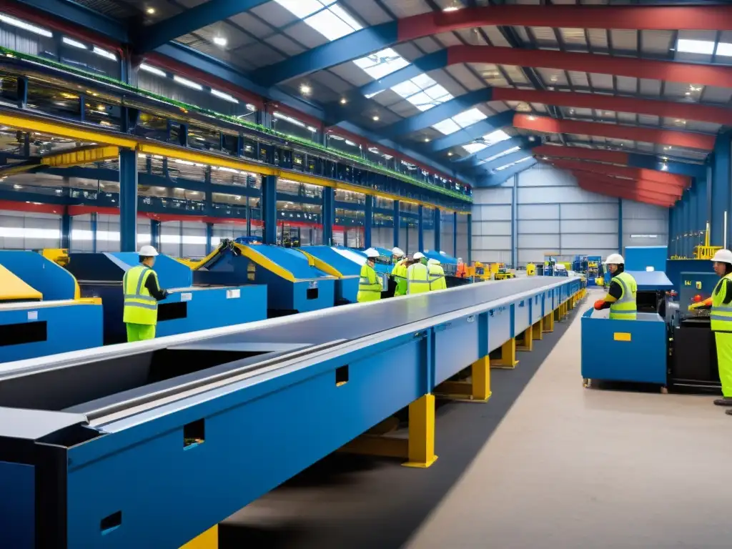 Trabajadores en moderna planta de reciclaje de electrodomésticos, cumpliendo leyes y regulaciones con tecnología innovadora