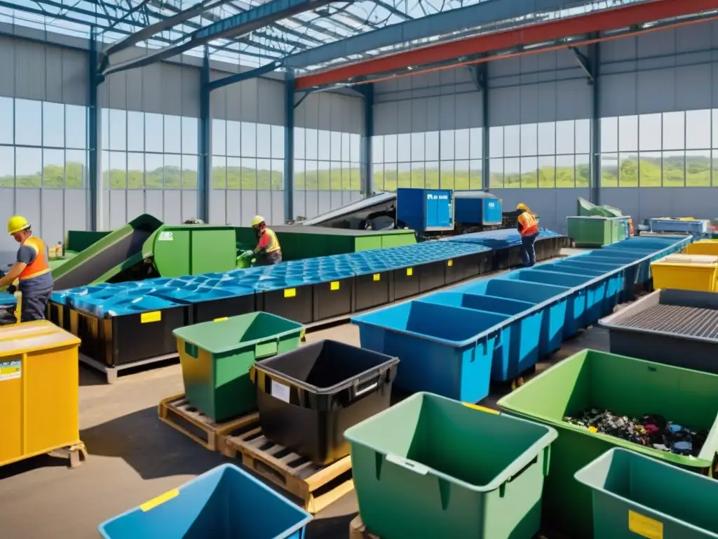 Trabajadores en una moderna planta de reciclaje de electrodomésticos, separando materiales para sostenibilidad ambiental
