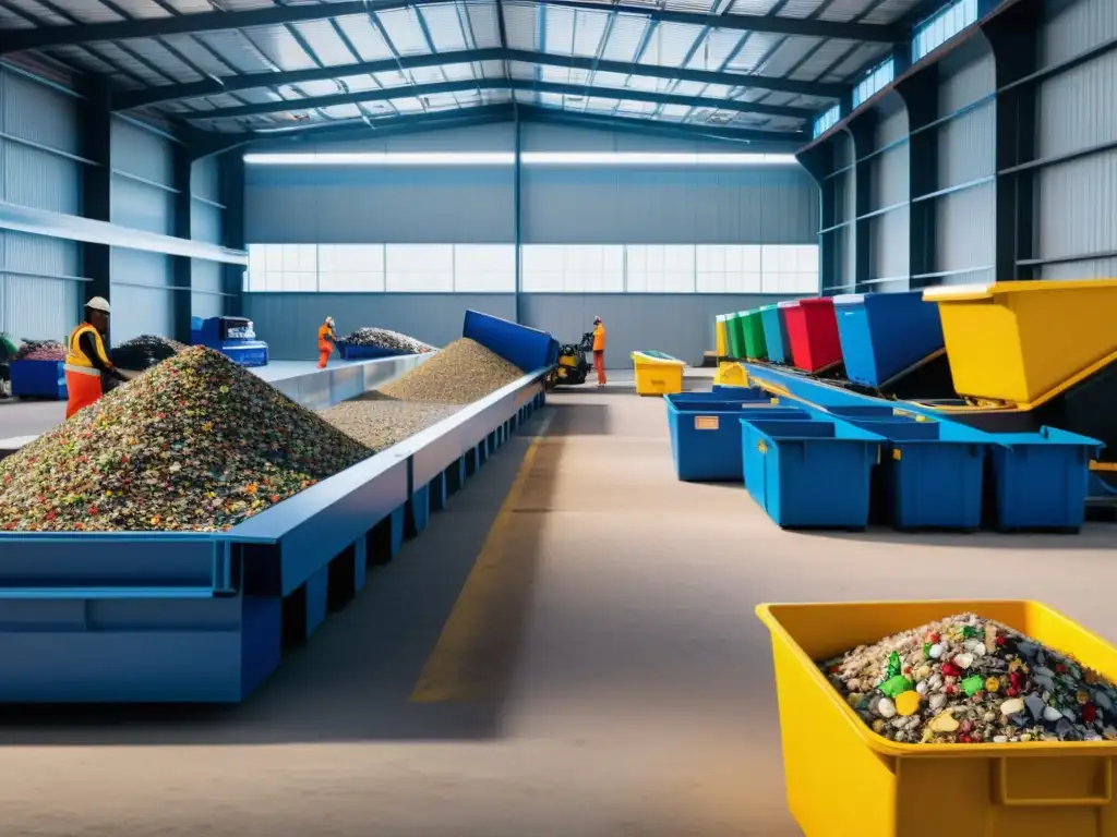 Trabajadores en planta de reciclaje de electrodomésticos, con maquinaria y contenedores coloridos