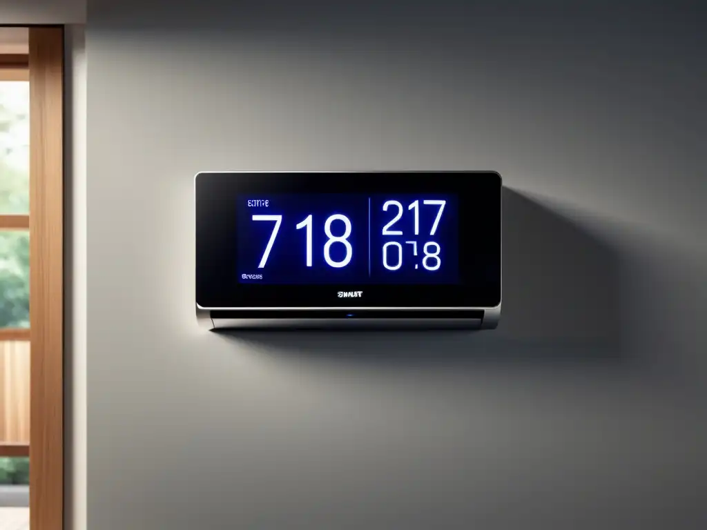 Aire acondicionado del futuro: unidad integrada en hogar inteligente Unidad de aire acondicionado futurista en pared inteligente, con pantalla digital y diseño minimalista