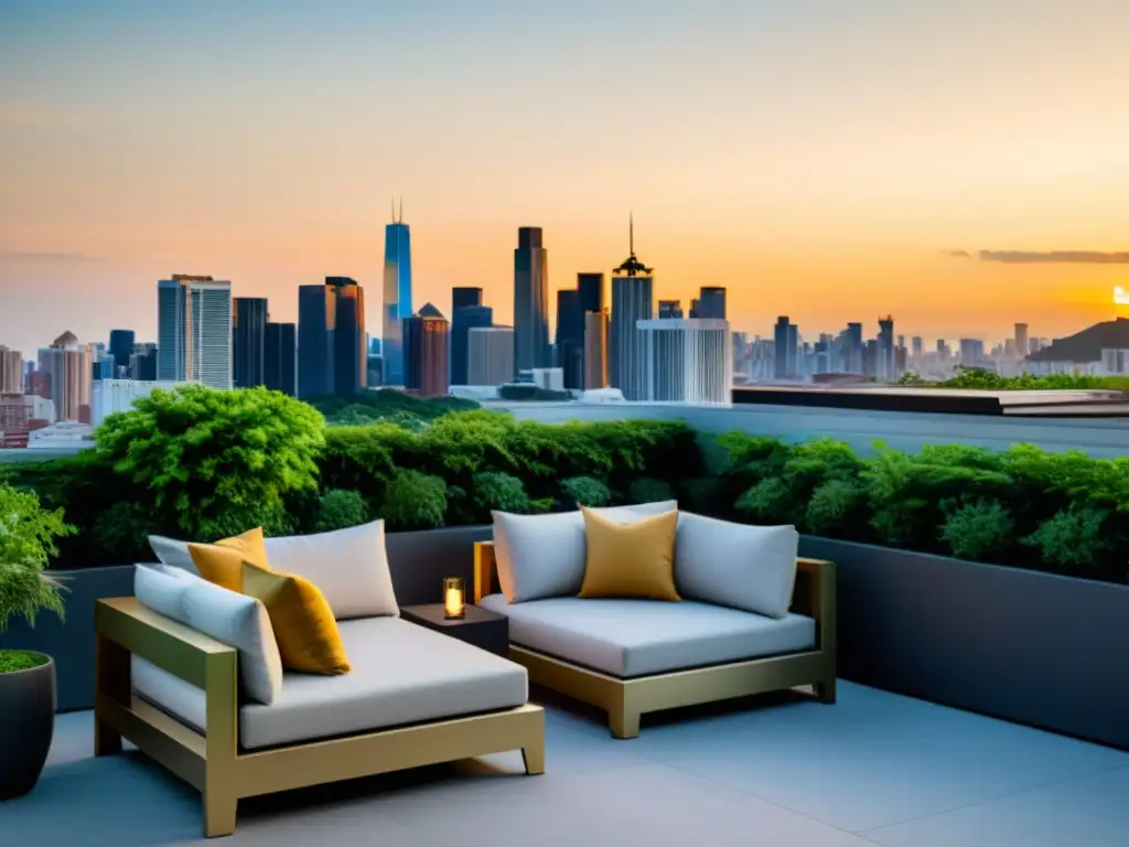 Aire acondicionado moderno y sereno en terraza urbana Unidad de aire acondicionado moderna en terraza minimalista rodeada de vegetación, con vista a la ciudad al atardecer