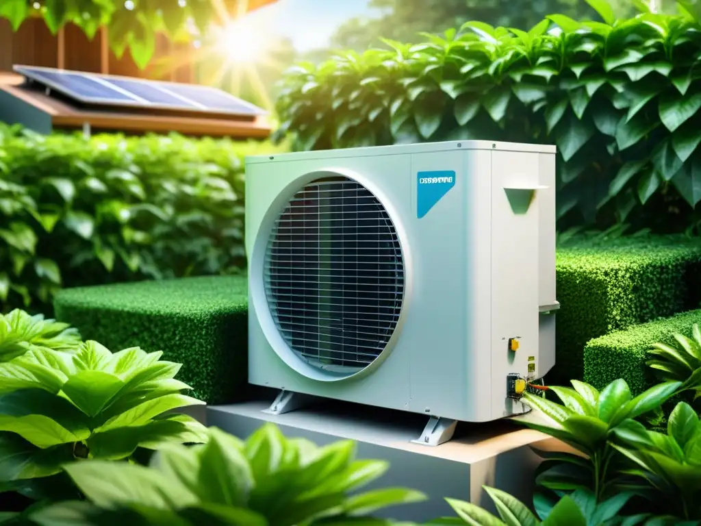 Unidad de aire acondicionado sostenible rodeada de naturaleza exuberante Unidad de aire acondicionado moderna rodeada de exuberante vegetación, con diseño innovador y características ecoamigables