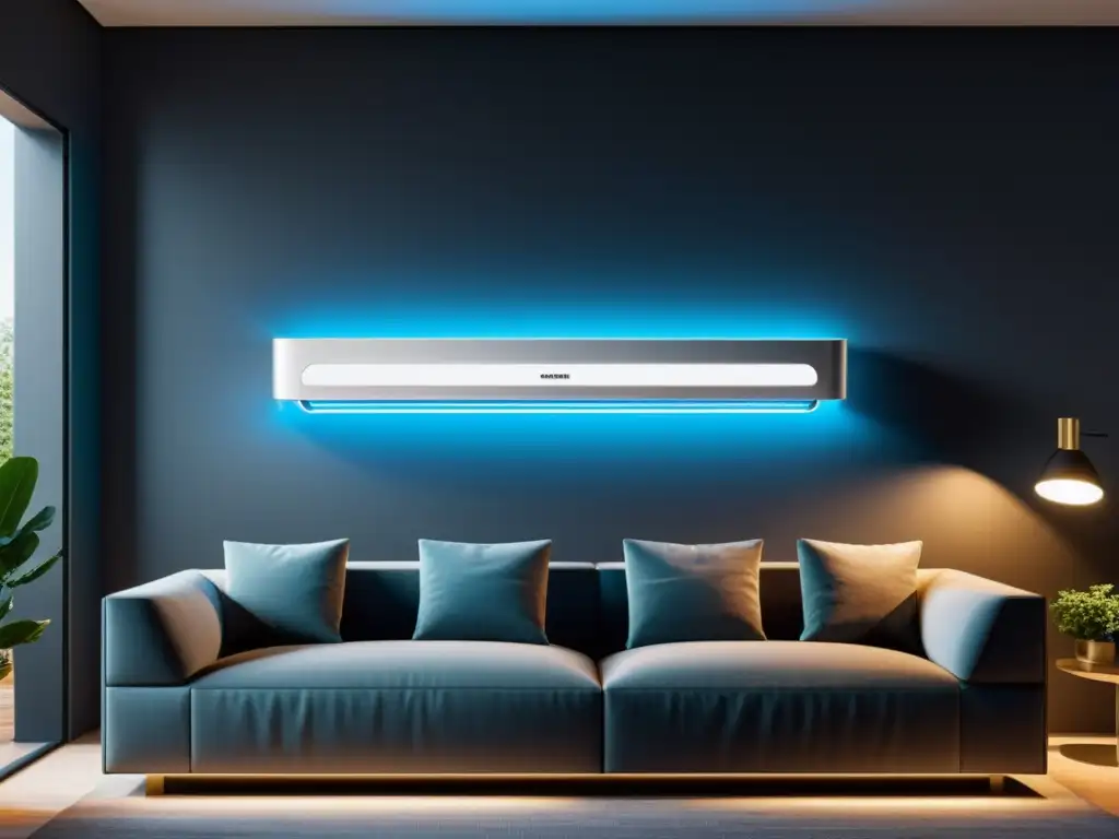 Unidad de aire acondicionado moderna con iluminación LED personalizable Unidad de aire acondicionado con iluminación LED personalizable integrada en una elegante sala de estar