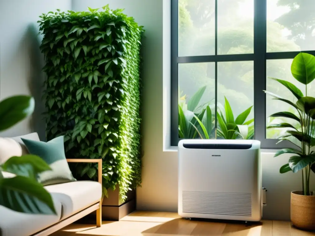 Aire Acondicionado Ecológico en Casa Sostenible Unidad de aire acondicionado sostenible en hogar ecoamigable con plantas verdes