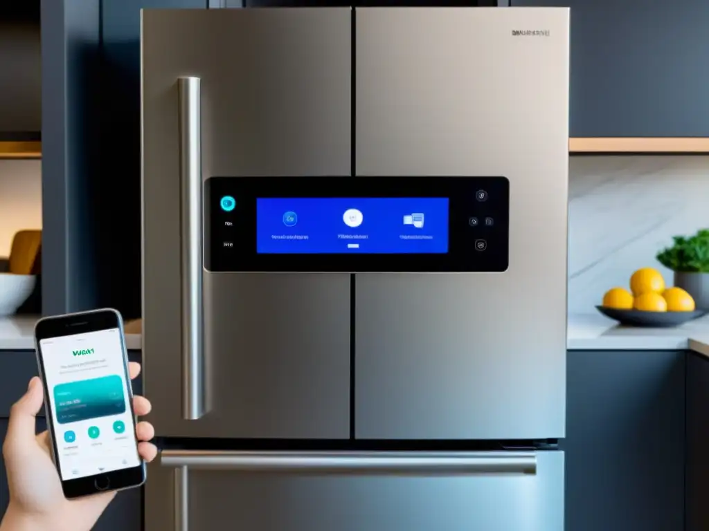 Cocina inteligente: control por voz y app Usuario satisfecho controla electrodomésticos por voz y app en cocina moderna