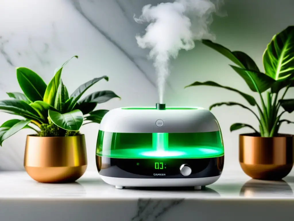 Vaporizador y humidificador en mármol blanco, rodeados de plantas