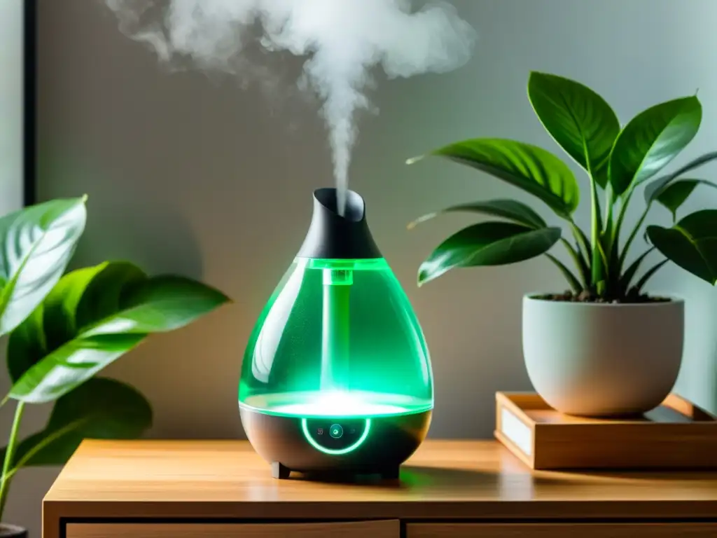 Un vaporizador moderno en un dormitorio iluminado suavemente, emitiendo un fresco vapor para crear un ambiente relajante