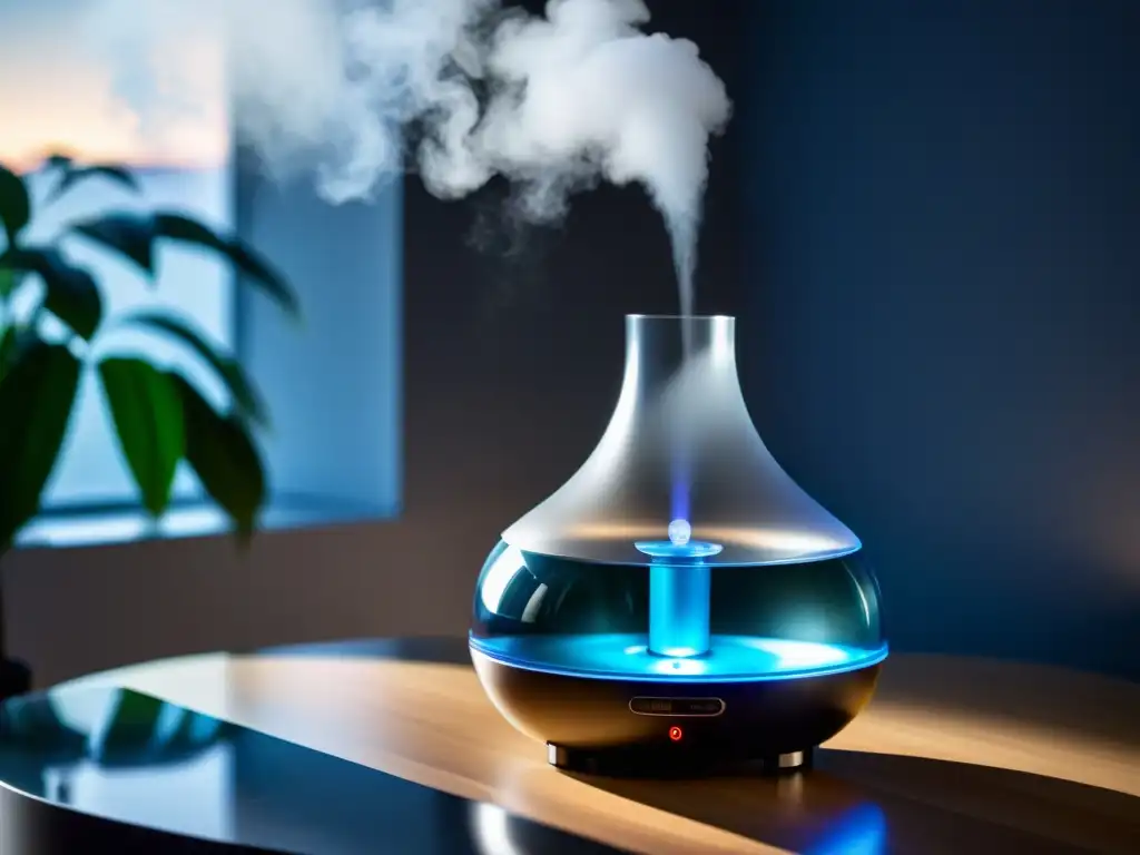Un vaporizador moderno emitiendo un fresco vapor, iluminado por luz suave, creando un efecto visual relajante
