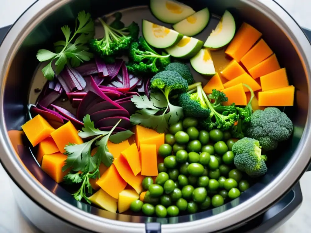 Deliciosas verduras frescas en moderna olla lenta Variadas verduras frescas se colocan en una olla de cocción lenta, reflejando elegancia contemporánea