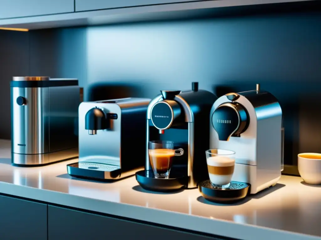 Máquinas de Café en una Cocina Moderna Una variedad de máquinas de café en cápsulas de marcas y modelos diferentes, elegantes y coloridas, en una cocina moderna y luminosa