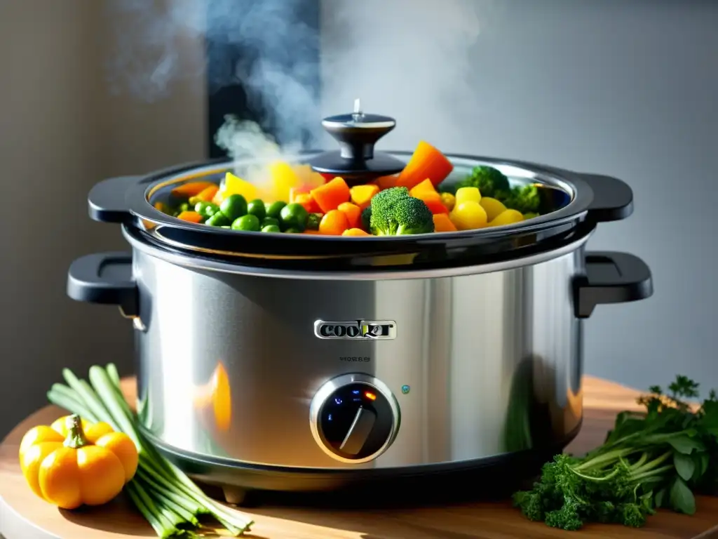 Sabrosa cocina lenta: Vegetales frescos y hierbas en olla moderna Vegetales frescos y hierbas se colocan en una olla de cocción lenta moderna, con vapor vibrante
