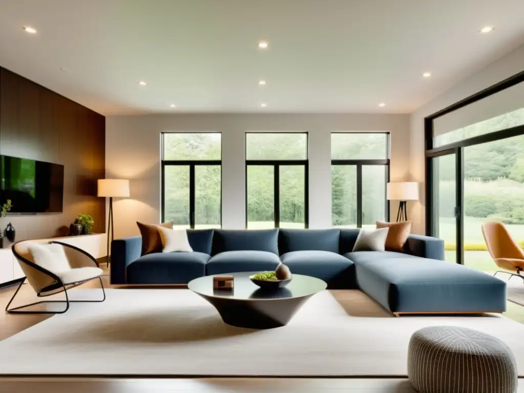 Sala de estar moderna con iluminación inteligente Ventajas bombillas inteligentes TUV en moderno salón luminoso con ambiente acogedor y sofisticado