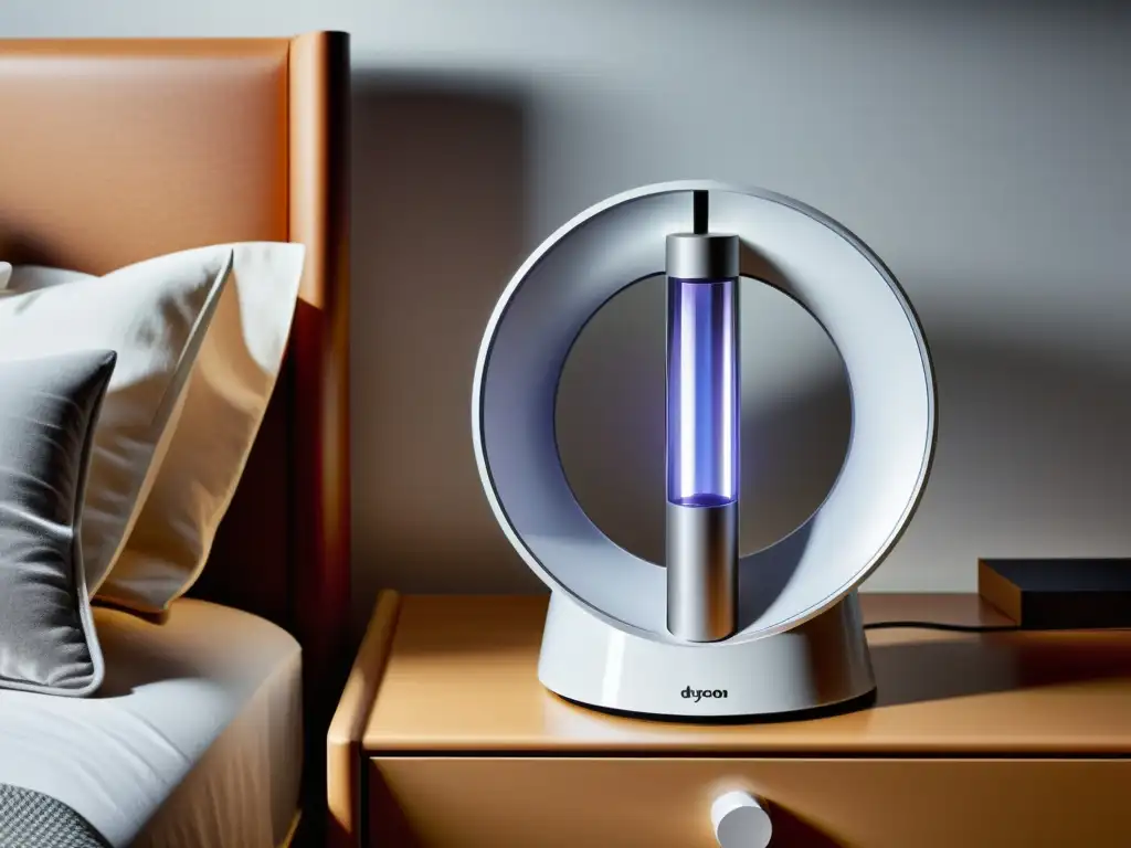 Un ventilador sin aspas Dyson Cool AM07 en una elegante mesa de noche blanca, iluminado por una suave luz natural