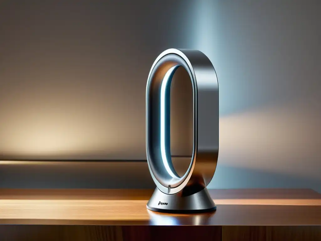 Un ventilador sin aspas Dyson Cool AM07 en una elegante mesa de madera, iluminado suavemente
