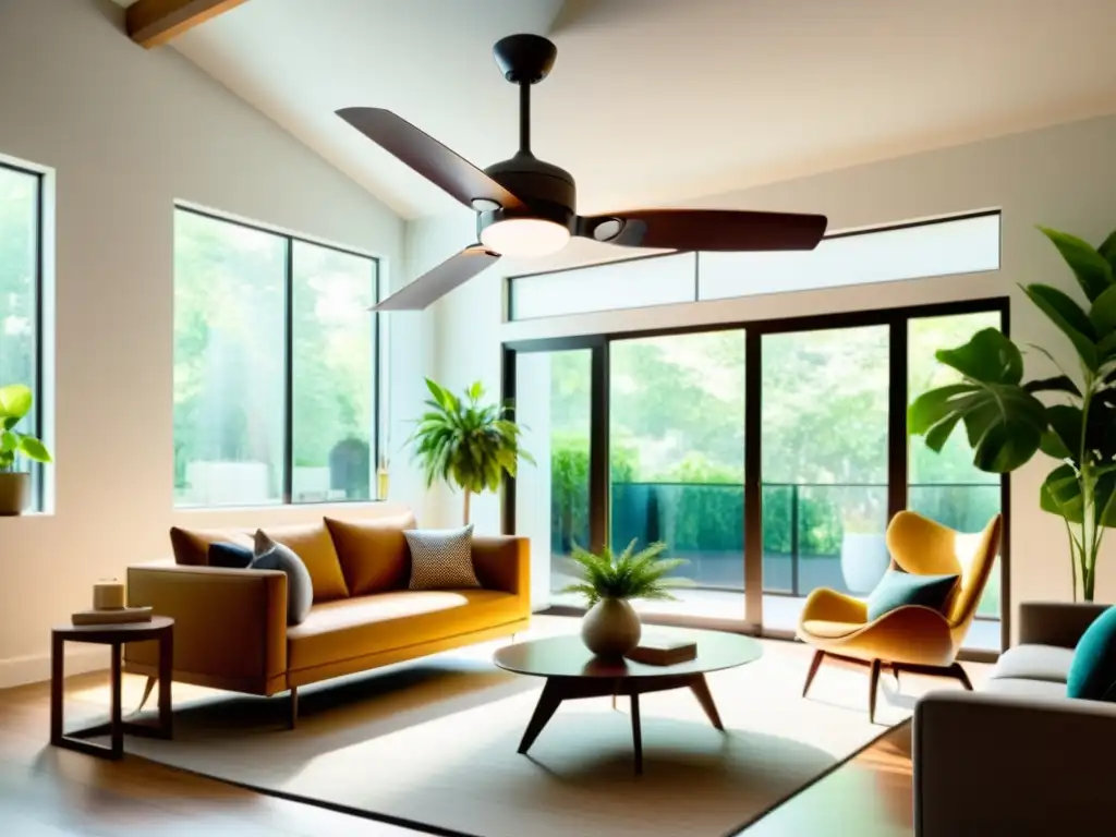 Ventilador de techo inteligente: diseño moderno y elegante Ventilador inteligente de techo con luces LED en sala amplia y luminosa, creando un ambiente acogedor y moderno