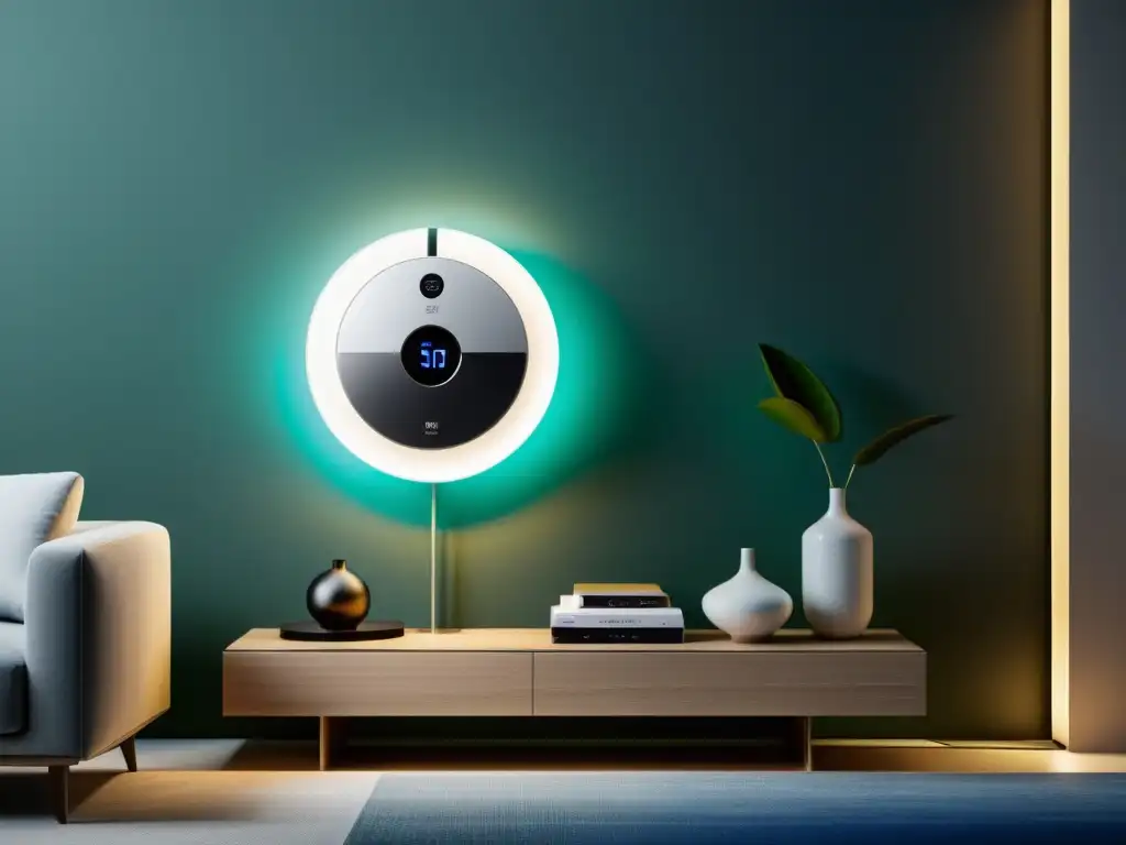 Un ventilador moderno y elegante con tecnología avanzada, iluminación LED suave y diseño eficiente, integrado en un salón minimalista