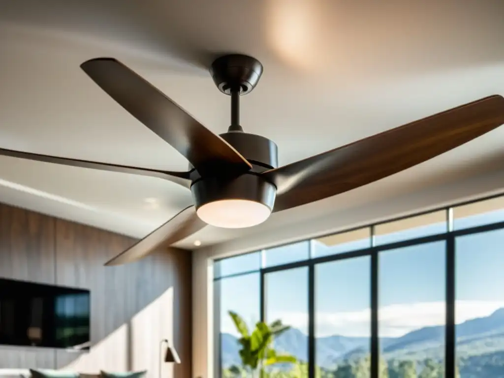 Ventilador de techo moderno en movimiento, iluminando una sala espaciosa Un ventilador de techo moderno, con aspas de madera y luz LED integrada, en un amplio salón soleado con sistema de climatización inteligente