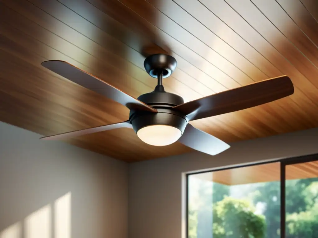 Ventilador de techo moderno en movimiento en espaciosa habitación iluminada Un ventilador de techo moderno y elegante con aspas de madera en movimiento, iluminando una habitación espaciosa y bien iluminada