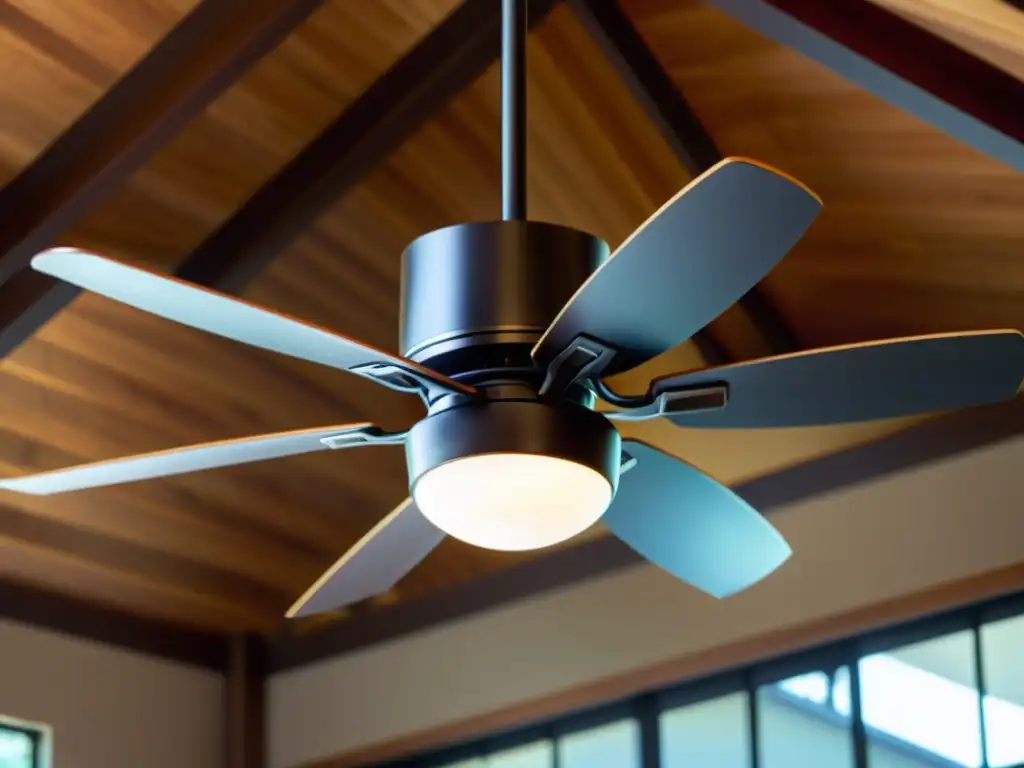 Ventilador de techo moderno en movimiento y ambiente tranquilo Un ventilador de techo moderno con elegantes aspas curvas y una luz suave