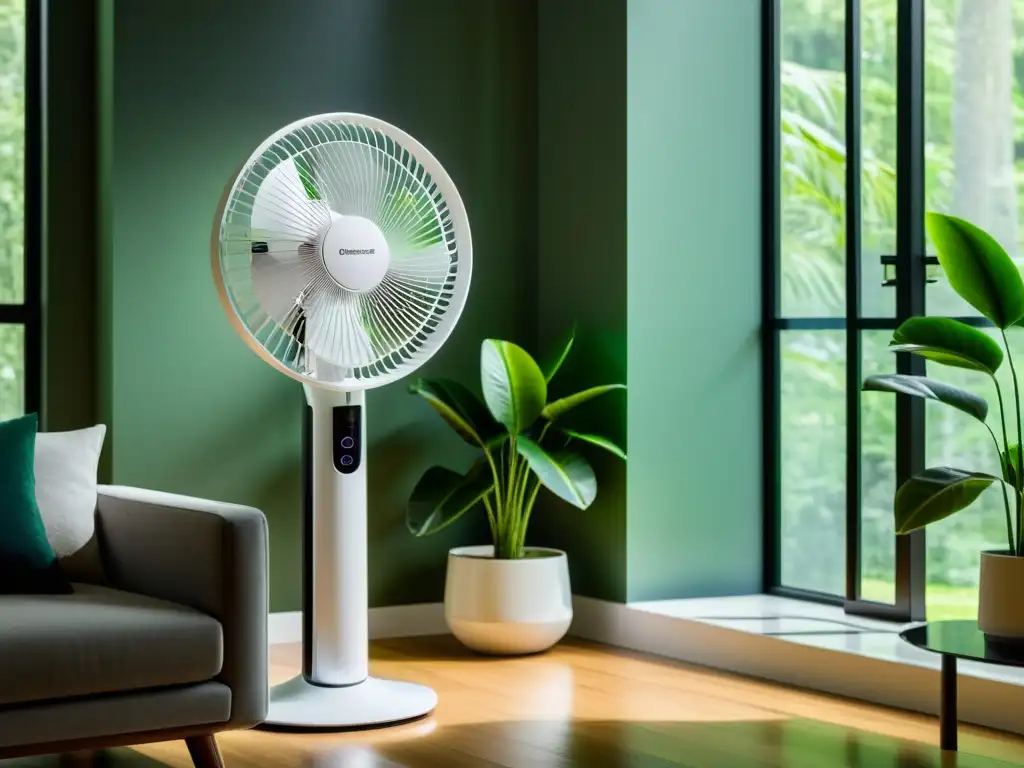 Ventilador de torre blanco moderno en elegante sala minimalista con plantas verdes, brindando frescura y sofisticación tecnológica