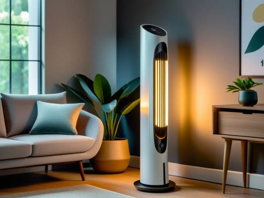 Ventilador de torre moderno: frescura y elegancia en espacios pequeños Un ventilador de torre moderno y elegante en un salón pequeño y con estilo, creando armonía en el espacio