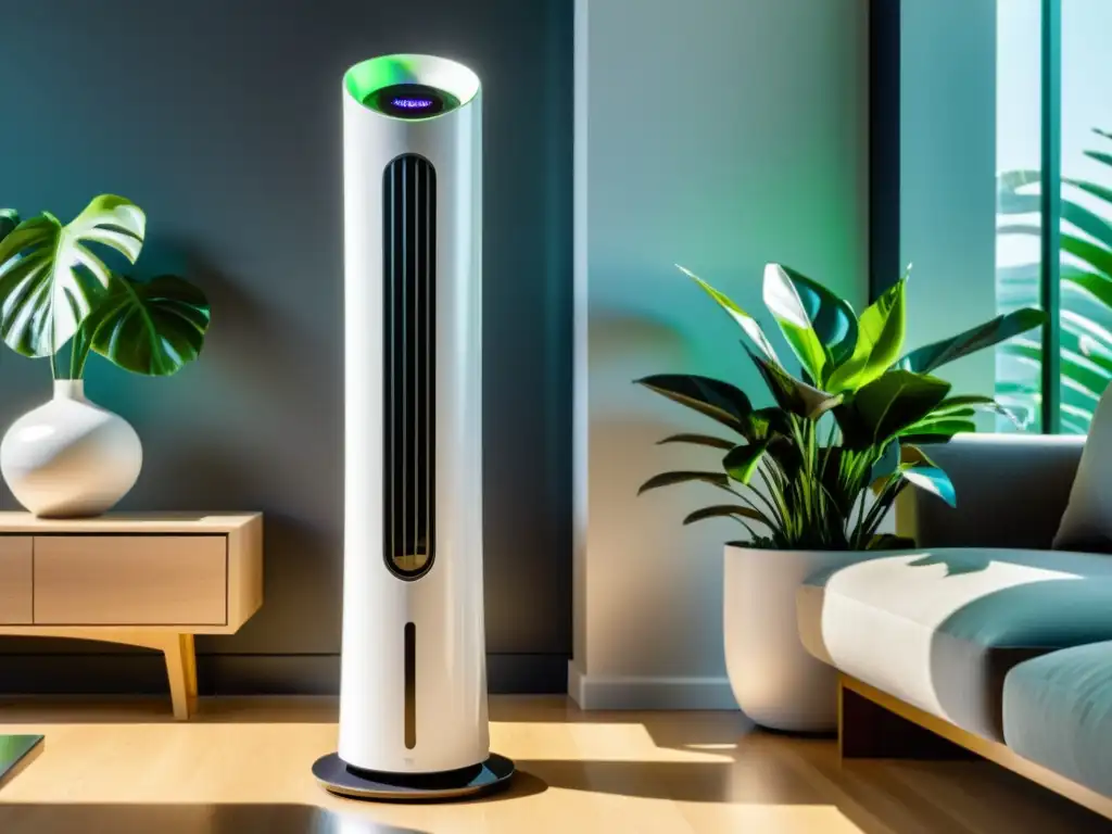 Un ventilador de torre ultramoderno y elegante en un ambiente contemporáneo, dispersando una suave brisa
