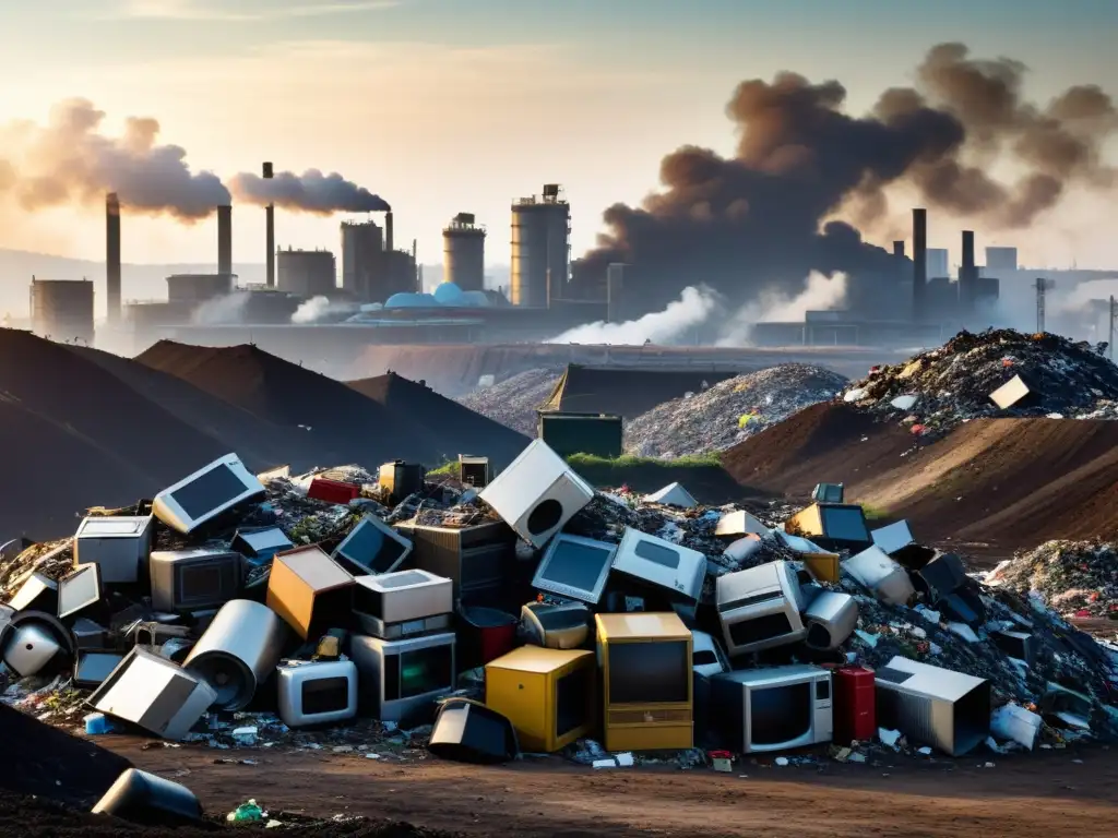 Un vertedero de desechos electrónicos rodeado de contaminación, agua sucia y vegetación marchita