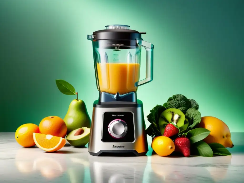 Vibrante imagen de la mejor batidora de vaso para smoothies en encimera de mármol con frutas frescas y verduras, derramando un smoothie cremoso