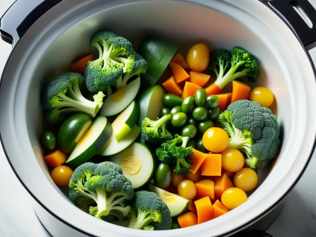 Vegetales frescos en slow cooker: una explosión de color y sabor Vibrantes vegetales frescos se añaden a olla de cocción lenta, transmitiendo los beneficios de la cocina saludable con un toque moderno