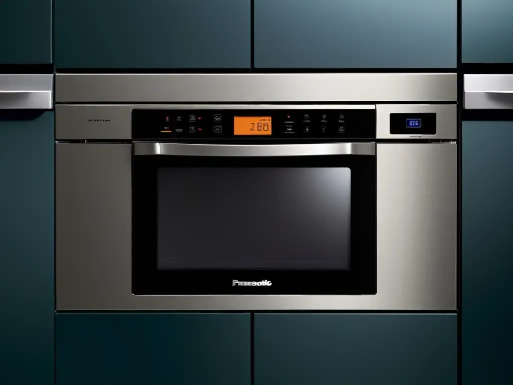Panel de control iluminado y elegante del microondas Panasonic NNDF386BZPE Vista cercana del panel de control del microondas con grill Panasonic NNDF386BZPE, destacando su diseño elegante y funcional