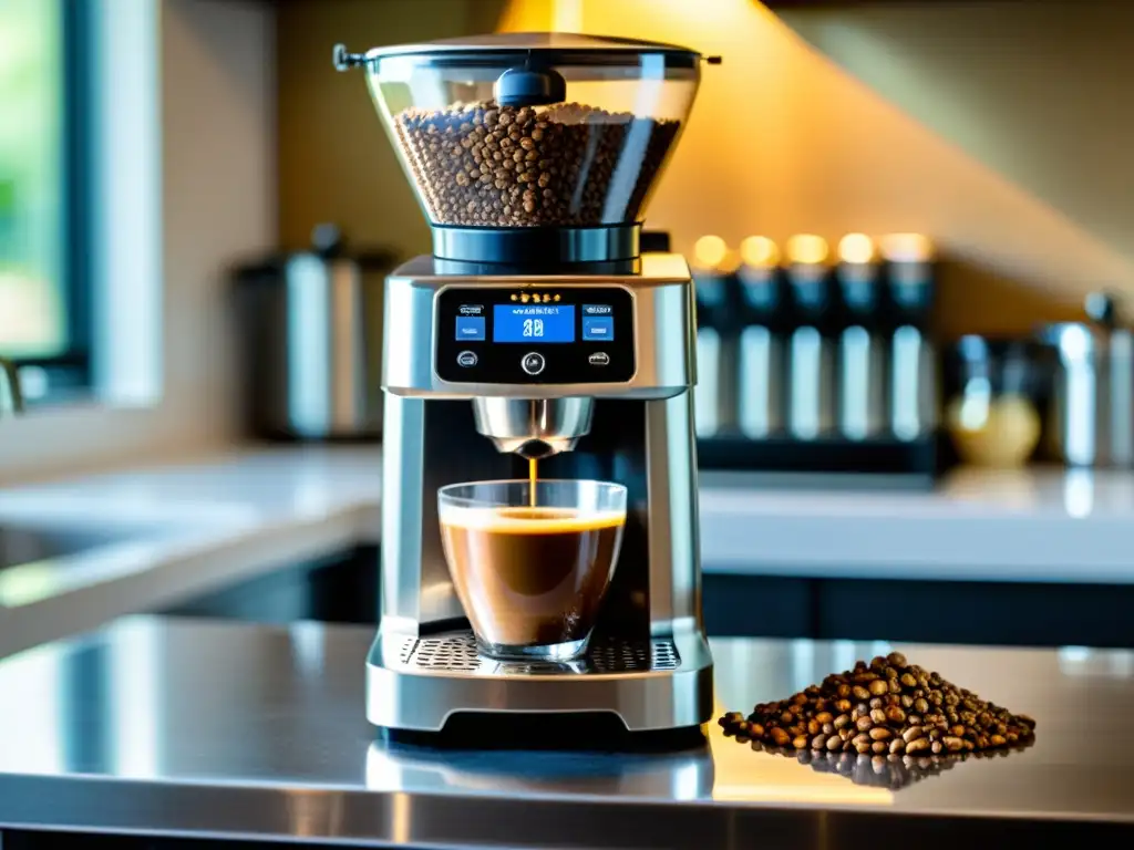 Encanto matutino: Baratza Encore en una cocina moderna Vista detallada del molinillo de café Baratza Encore con granos de café esparcidos, bañado por la cálido luz matutina