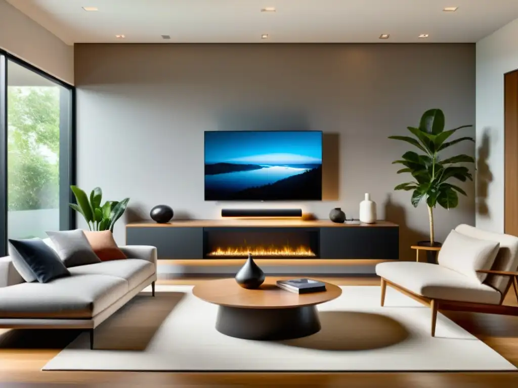 Salón inteligente: integración tecnológica y diseño moderno Vista detallada del salón moderno con integración de dispositivos domóticos
