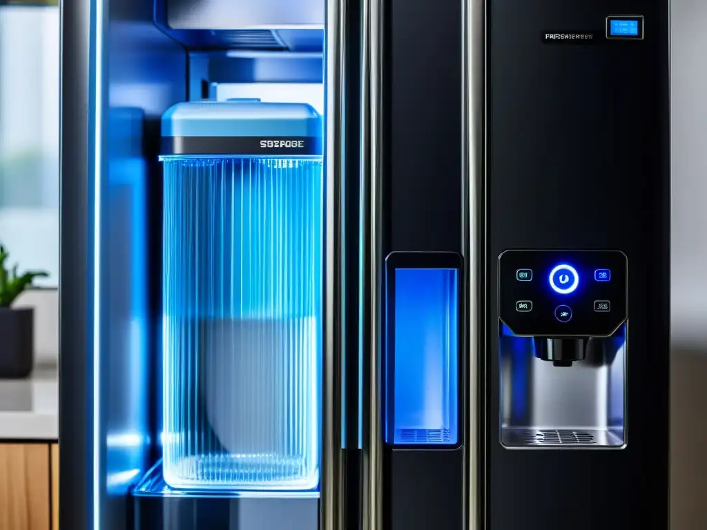 Sistema de Filtración de Agua de Refrigerador de Alta Tecnología Vista detallada del sistema de filtrado de agua en nevera, con diseño moderno y eficiencia tecnológica