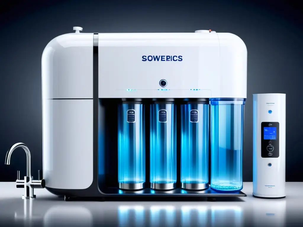 Purificación de Agua en 8k: Tecnología de Ósmosis Inversa Vista detallada de la tecnología ósmosis inversa purificadora de agua, con diseño moderno y transparente, resaltando la pureza del agua