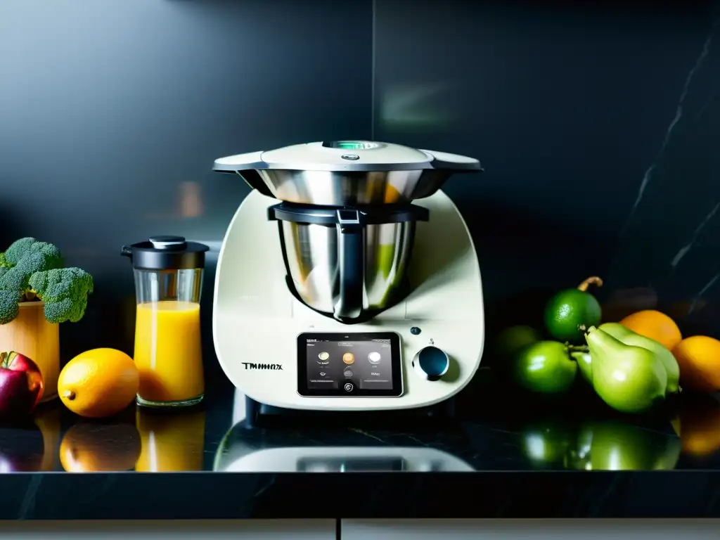 Electrodomésticos de cocina de lujo en encimera de mármol negro Vista detallada de la Thermomix TM6 y otras lujosas cocinas multifuncionales en elegante encimera de mármol negro