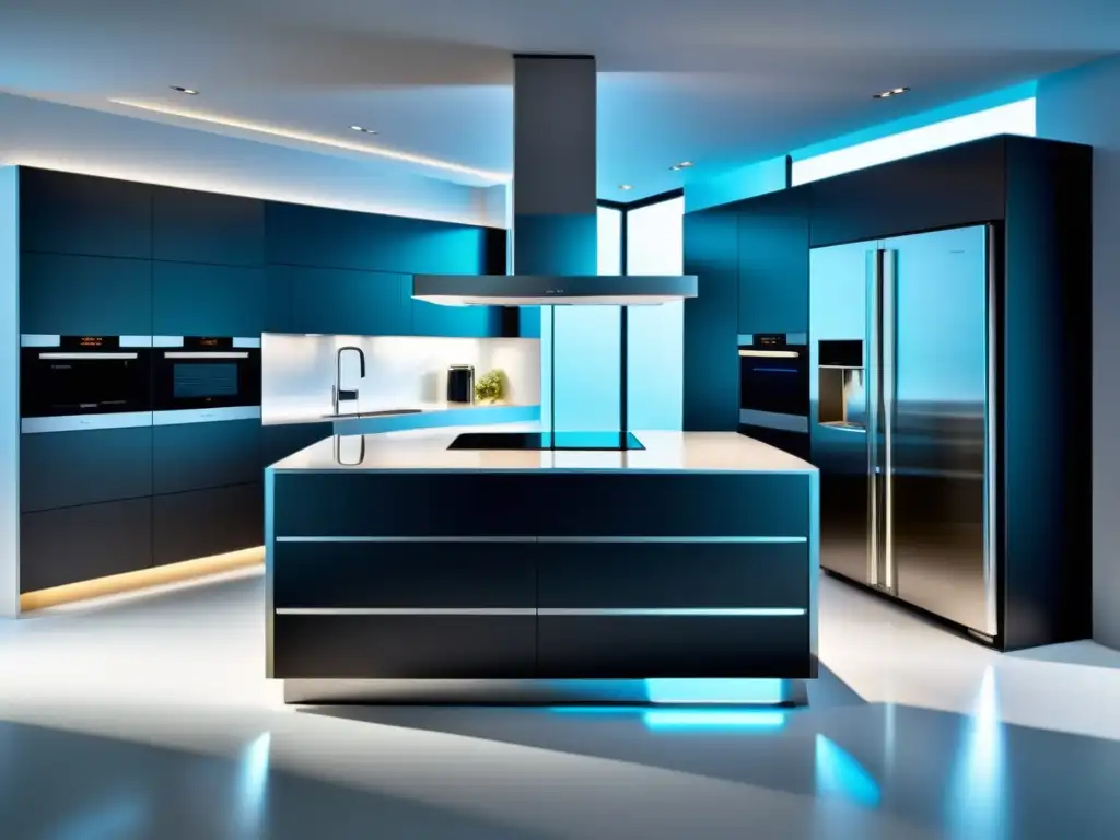 Cocina futurista con electrodomésticos integrados y minimalista Vista futurista de una cocina minimalista con electrodomésticos de alta tecnología