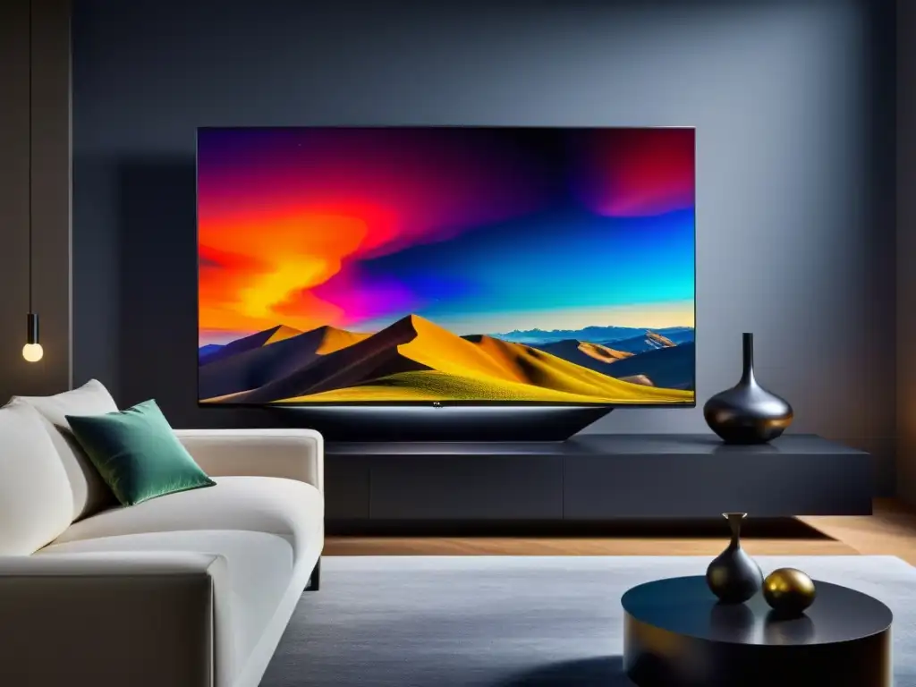 Vista inmersiva del televisor OLED LG CX análisis en un salón moderno con decoración contemporánea y elegante, iluminado por luz natural