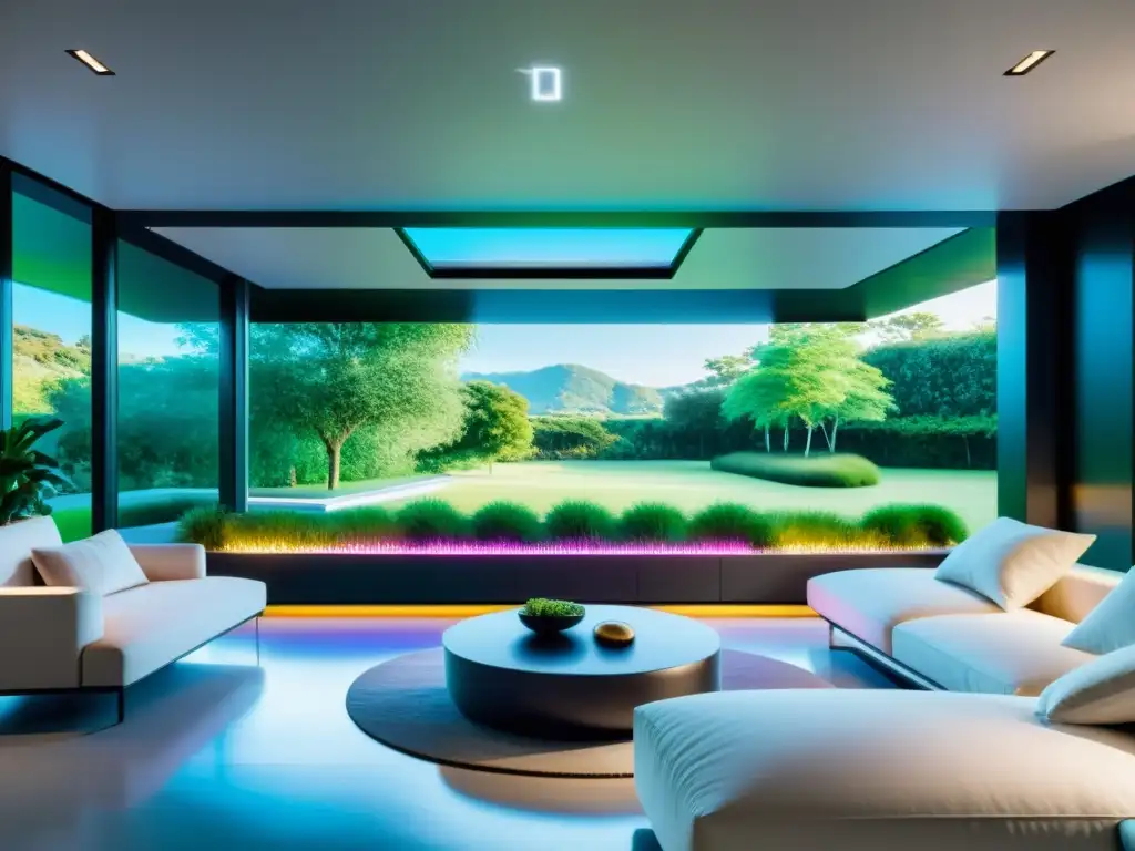 Smart Home Futurista: Ambiente de Lujo y Confort Vista panorámica de un hogar inteligente con tecnología de control climático