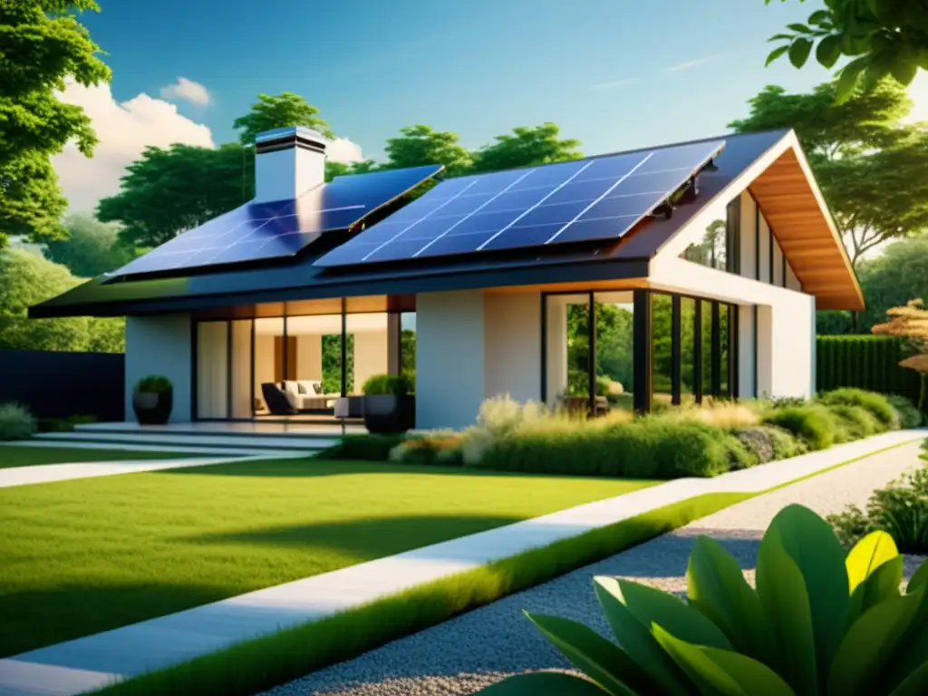 Casa moderna con paneles solares: Diseño elegante y energía limpia Vista panorámica de una moderna casa con paneles solares en el techo, integrados en el diseño y rodeados de vegetación