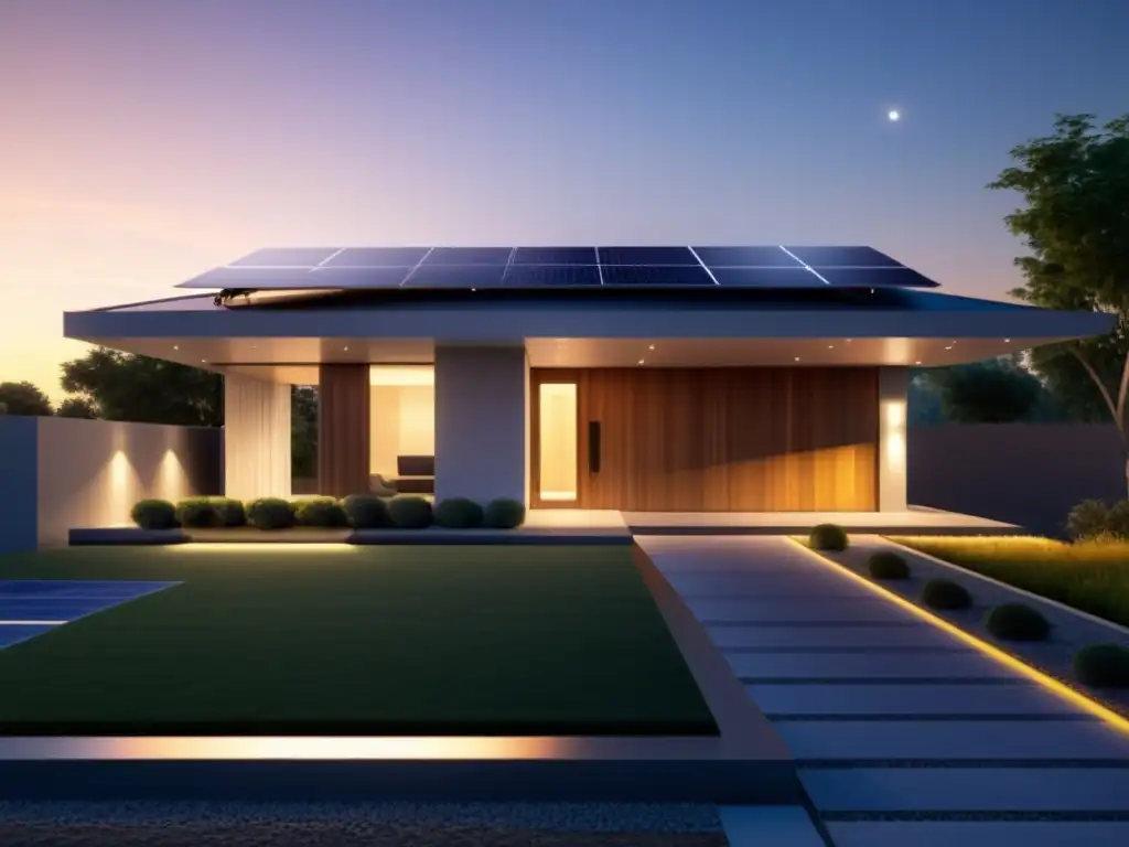 Vivienda segura con sistema de energía solar: paneles, cámara de vigilancia y luces de sensor