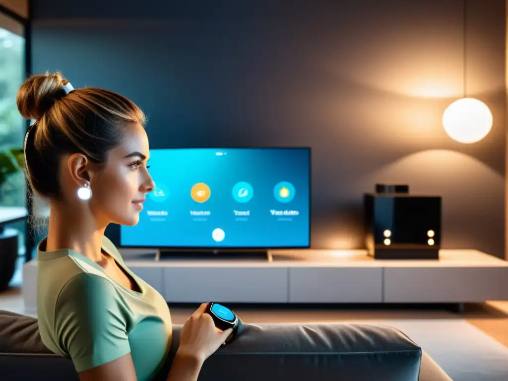 Smart Home con Wearables Integrados: Futuro Tecnológico Wearables para hogar inteligente: Integración sofisticada de dispositivos portátiles en un moderno entorno doméstico inteligente